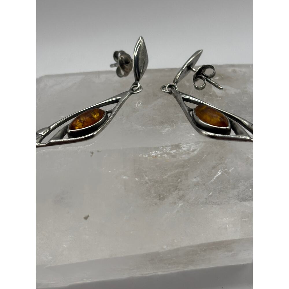 Vintage Handcrafted 925 Silver Dangle Earrings with Amber Stone - Picture 4 of 13